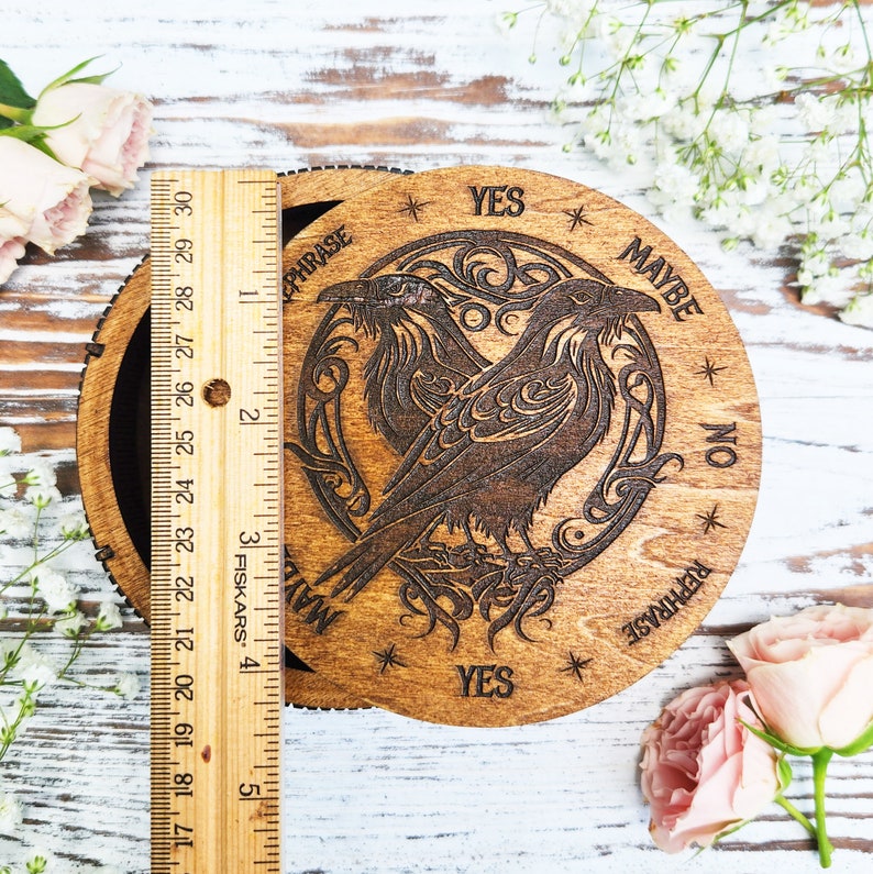 Raven Pendulum Board Box/Altar Tile/Divination Tool/Jewelry Box/Witch Tool/Wooden Box / Odin Norse God / Huginn and Muninn image 3