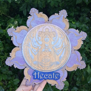 Hekate Goddess Altar Board / Engraved Wood Picture / Greek God of the Crossroads / Triple Goddess Hecate