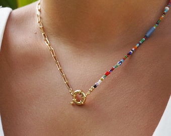 Beaded Rainbow Necklace, Gold Link Chain Necklace, Rectangle Chain, Boho Jewelry Gift, Half Chain Necklace, Colorful Bead Choker