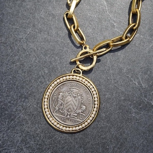 Large Gold Coin Necklace, Chunky Gold Necklace, Statement Medallion Necklace, Vintage Charm, Mixed Metal Necklace, Pearl Toggle Necklace