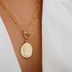 14k Gold Filled Link Chain Necklace, Gold Coin Necklace, Rectangle Chain, Paper Clip Chain, Medallion Necklace, Toggle Clasp Necklace Gift