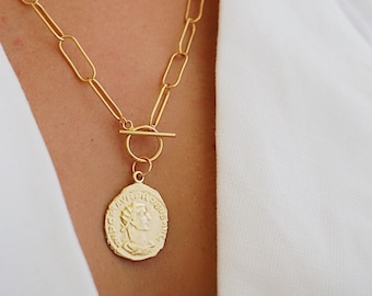 14k Gold Filled Coin Medallion Necklace, Rectangle Link Chain with Toggle Clasp, Statement Necklace