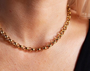 Collier chaîne Rolo rempli d'or 24 carats, gros maillons, chaîne lourde