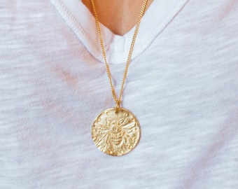 Gold Bee Necklace, Gold Honey Bee Necklace, Bee Charity, Gold Filled Medallion Necklace, Bee Gift, Long Coin Necklace, Mothers Day Gift