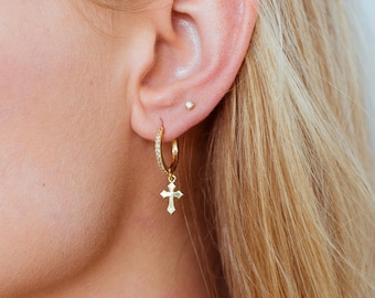 Small Hoop Earrings- gold huggie earrings, cross earrings, gold hoop earrings, dangle cross earrings, dainty hoops, minimalist earrings