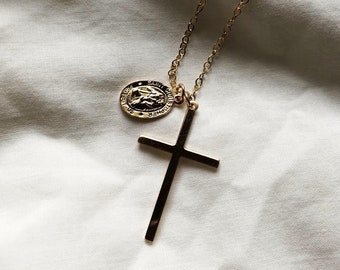 Gold Saint Christopher Necklace- gold cross necklace, gold filled, St. Christopher necklace, coin necklace, travel necklace, travel gift