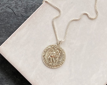 Sterling Silver St Christopher Necklace, Silver Coin Necklace, Saint Christopher Medal for Men, Travel Gift, Waterproof Travel Necklace