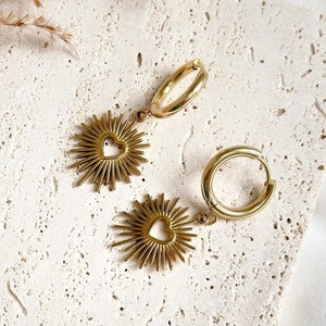 Gold Sacred Heart Earrings, Catholic Jewelry, Ex Voto Milagro Hoops, Flaming Heart Dangle Hoop Earrings