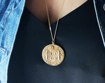 Long Layering Necklace, Coin Necklace, Gold Necklace, Gold Coin, Medallion Necklace, Layering Necklace, Large Coin, Medallion