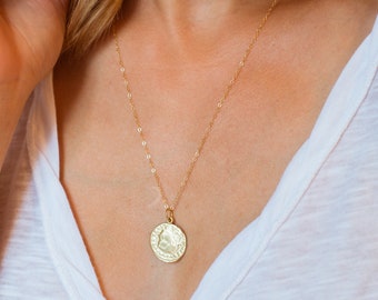 Gold Filled Greek Coin Necklace, Vintage Medallion Pendant