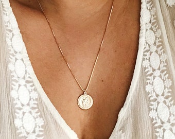 The Traveler's Coin - 14k Gold Filled St Christopher Necklace, Gold Coin Medallion, Waterproof Necklace, Christmas Gift for Mom, Travel Gift