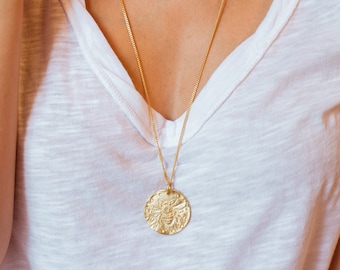 boho chic long chain necklace with a coin gift idea for her Long Gold coin necklace