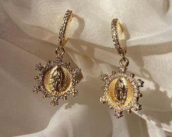 Gold Virgin Mary Earrings, Small Mother Mary Hoops, Catholic Jewelry Gift