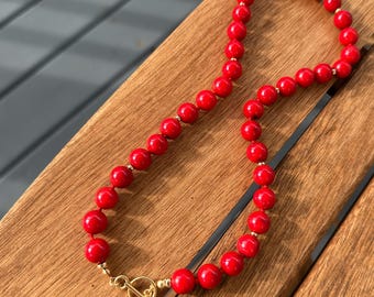 Chunky Red Coral Necklace, Hand Knotted Beaded Necklace, Gemstone Jewelry, Boho Gift