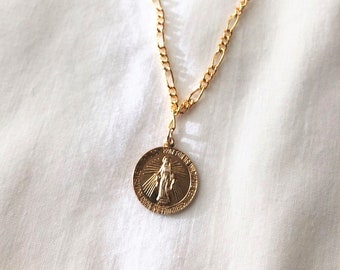 奇跡のメダルネックレス、14Kゴールドフィルド聖母マリアペンダント、カトリックジュエリー、宗教的なメダル