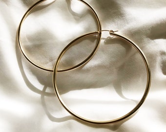 14k Gold Filled Hoop Earrings, Large Minimalist Waterproof Hoops 2 Inch