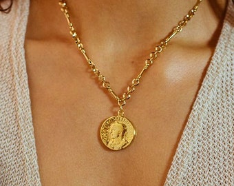 Gold Filled Coin Necklace, Statement Jewelry, Chunky Medallion