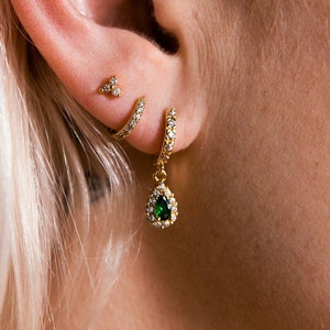 Emerald Hoop Earrings, Minimal Gold Huggie Earrings, Waterproof Jewelry, May Birthstone Earrings Gift, Green Dangle Earrings, Gift for Mom