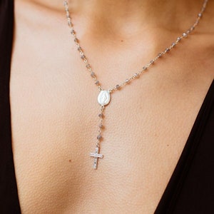 Sterling Silver Rosary Necklace - Silver Mary Necklace, Beaded Gemstone Rosary, Cross Necklace, Catholic Gift Necklace, Gift for Mom