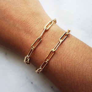 Gold Link Chain Bracelet, 14k Gold Filled, Rectangle Chain, Link Chain, Waterproof, Non Tarnish, Paper Clip Chain, Stacking Bracelet