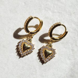 Gold Sacred Heart Huggies, Religious Gift, Catholic Jewelry, Milagros Hoop Earrings