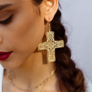 Gold Filled Cross Earrings - Statement Earrings, Gold Cross Earrings, Dainty Cross Earrings, Vintage Cross Earrings