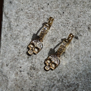 Gold Diamond Skull Earrings, Fall Jewelry, Dangle Halloween Earrings, Gold Skull Accessories, Small Huggie Hoops, Halloween Gift for Women