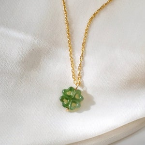 Jade Gemstone Necklace, Good Luck Necklace, Best Friend Birthday Gift, Shamrock Necklace, Four Leaf Clover Pendant, Dainty Gold Necklace