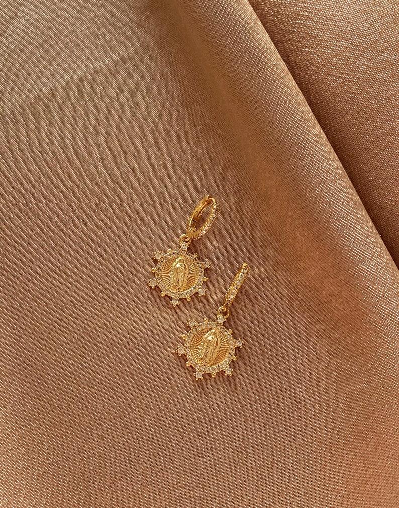 Gold Virgin Mary Earrings Gold Filled Hoop Earrings Our Lady Etsy