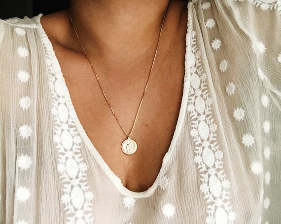 The Traveler's Coin - 14K Gold Filled St. Christopher Necklace, Gold Coin Medallion, Waterproof Necklace, Gold Coin Necklace, Travel Gift