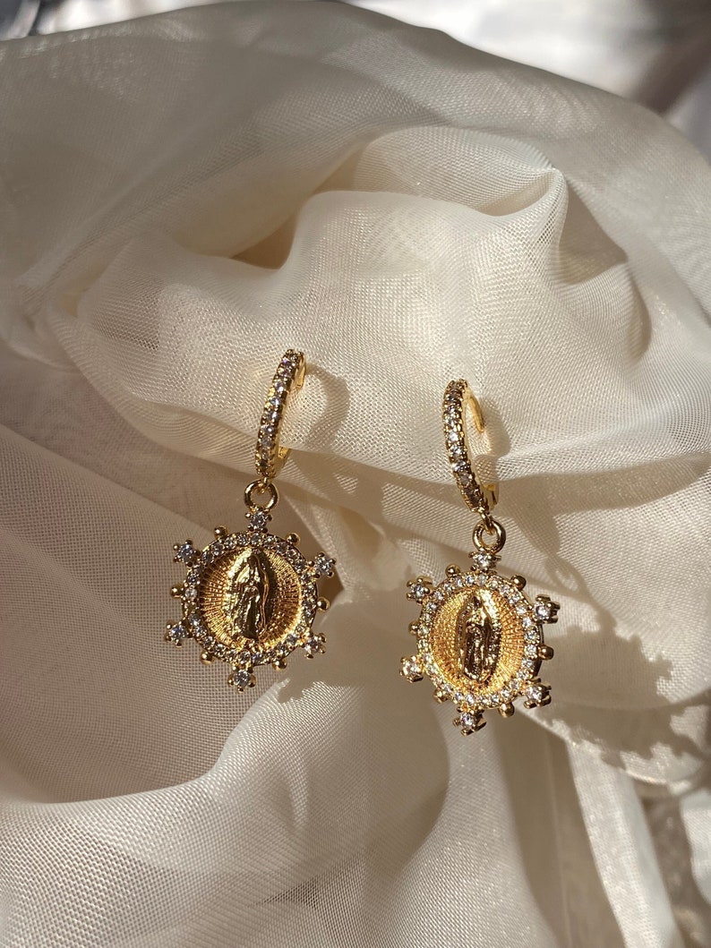 Gold Virgin Mary Earrings Gold Filled Hoop Earrings Our Lady Etsy