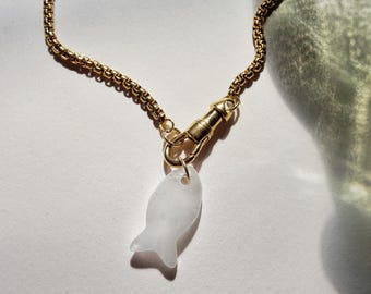 Fish Charm Necklace, Gold Charm Holder, Gemstone Fish Pendant, Coastal Beach Jewelry
