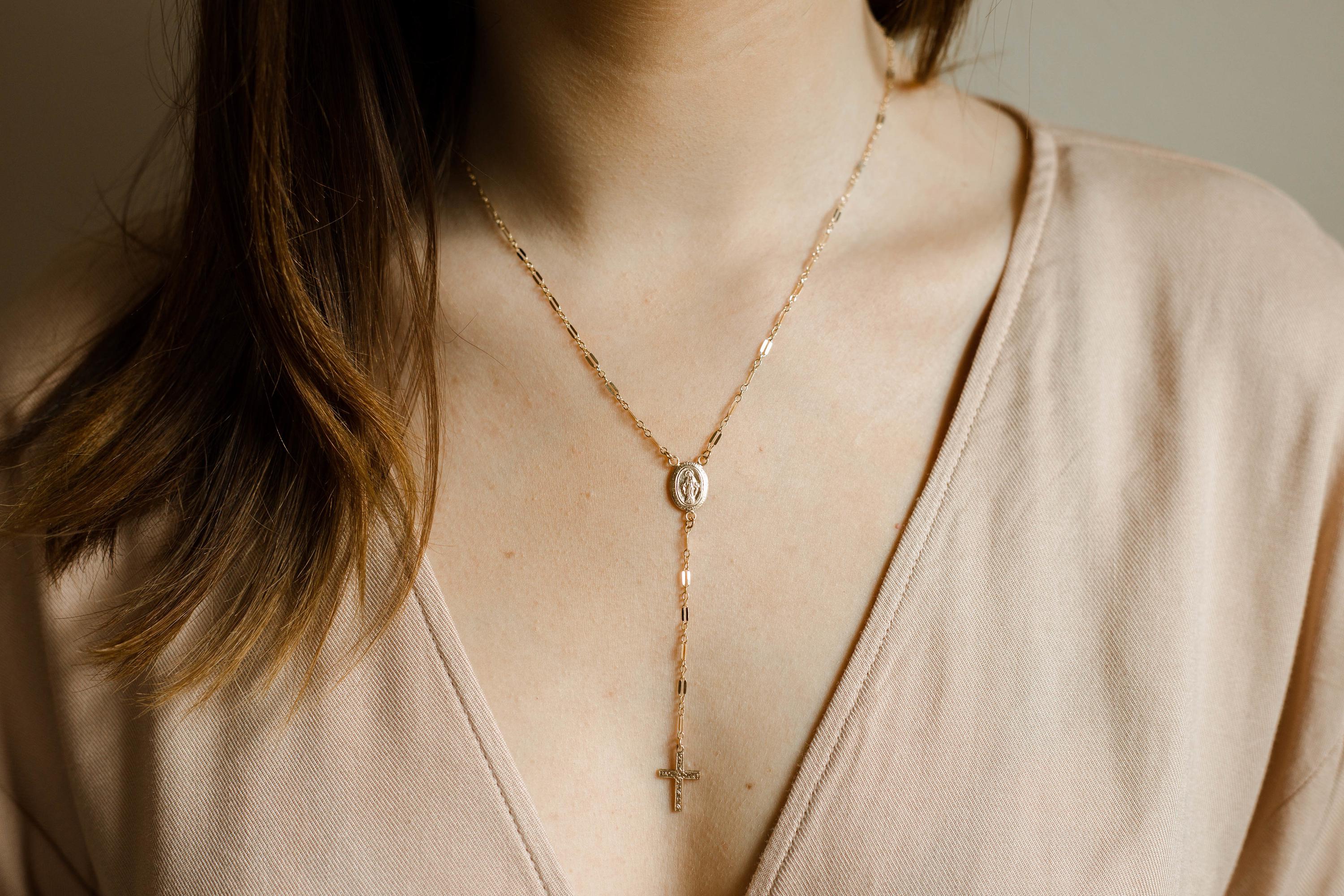 Gamtic Collana Rosario Donna Vergine Maria – Medaglia Miracolosa E Croce, Placcata Oro 14K Con Zirconia, Regalo Religioso Per Lei