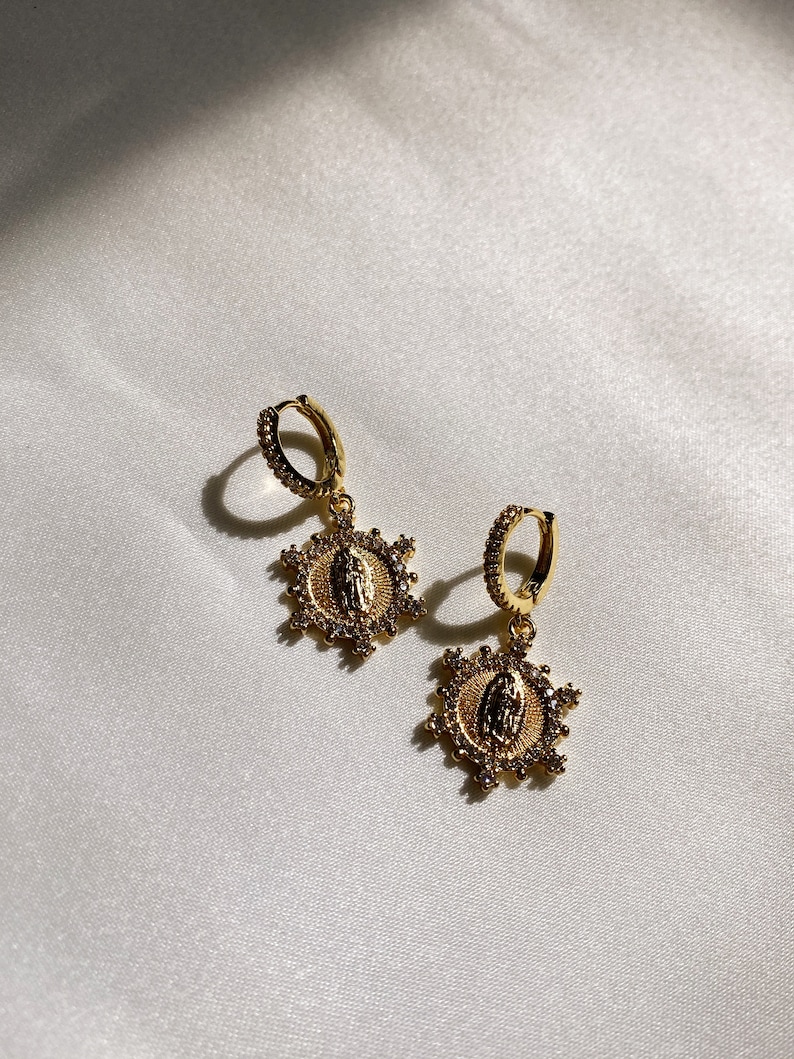 Gold Virgin Mary Earrings Gold Filled Hoop Earrings Our Lady Etsy