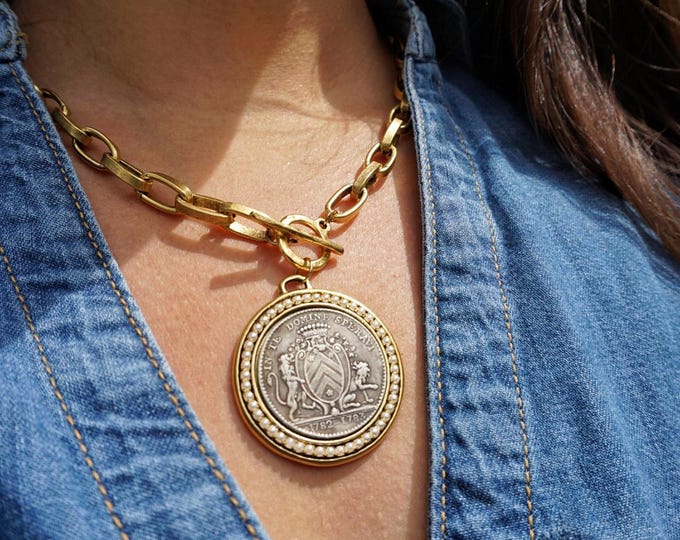 Mixed Metal Coin Necklace, Chunky Medallion Pendant, Vintage French Charm, Pearl Statement Jewelry