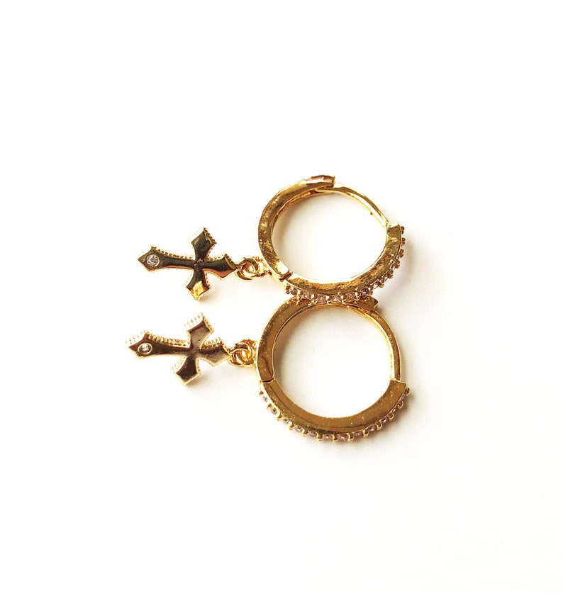 Tiny Cross Earrings, Gold Huggie Hoop Earrings, Dangle Cross Earrings