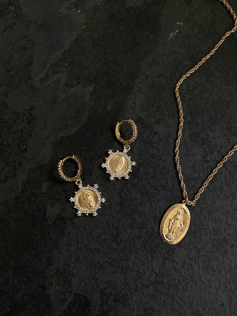 Gold Virgin Mary Earrings Gold Filled Hoop Earrings Our Lady Etsy