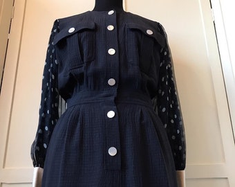 Vintage 1980s Midnight Blue Italian Silk and Cotton dress :  Chiffon / Balloon Sleeves / Polka Dots / Sartorial / Preppy / Size S/M