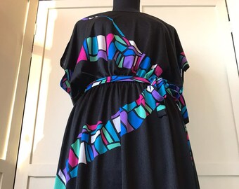 Vintage late 1970s early 80's Black patterned Disco dress Size 12 EU 40