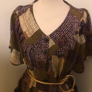 Vintage 80’s Silk Chemisier Tunic Day Dress / Abstract Patchwork / Blackberry Lilac Mustard Cocoa /Size S M L? / SEE VIDEO!