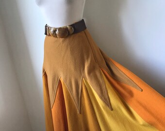 Jupe mi-longue trapèze vintage des années 70 / Bloc de couleur géométrique abstrait Sunburst / Oranges et citrons / Caramel / Taille M - L / VOIR LA VIDÉO !
