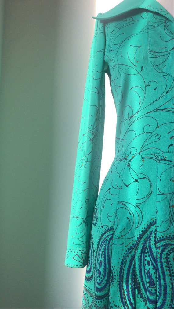 Vintage 70’s emerald green & dark blue chemisier … - image 2