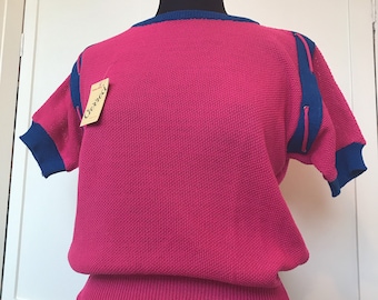 Vintage 70’s 80’s Deadstock Weaved Top / Colorblocked Sporty Disco Boating / Fuchsia Electric Blue / Size S - M / with Tags!