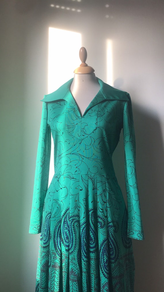Vintage 70’s emerald green & dark blue chemisier … - image 3