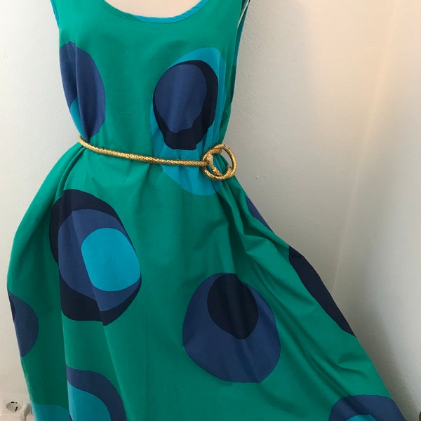 Robe vintage des années 70 des années 80 en coton et trapèze finlandaise mi-longue Sphere Circle Optical Mod / Indigo Aigue-marine Turquoise / Taille M L XL / VOIR LA VIDÉO !