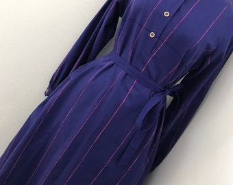 Vintage 70’s Scandi Deadstock Trapeze Midi Dress / Utility / Stripes / Indigo Blueberry Fuchsia Shocking Pink / Size S M L / SEE VIDEO!