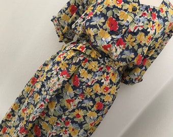 Vintage 80’s Floral Silk Shirtwaister Chemisier Dress / Abstract Floral Petals / Saffron Scarlet Deep Blue Green / Size M - L / SEE VIDEO!