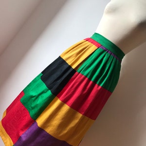 70’s Finnish Vintage A-line Colourblock Skirt / Graphic Op Art / Geometric / Green Yellow Grape Scarlet Black / size XS - S / SEE VIDEO!