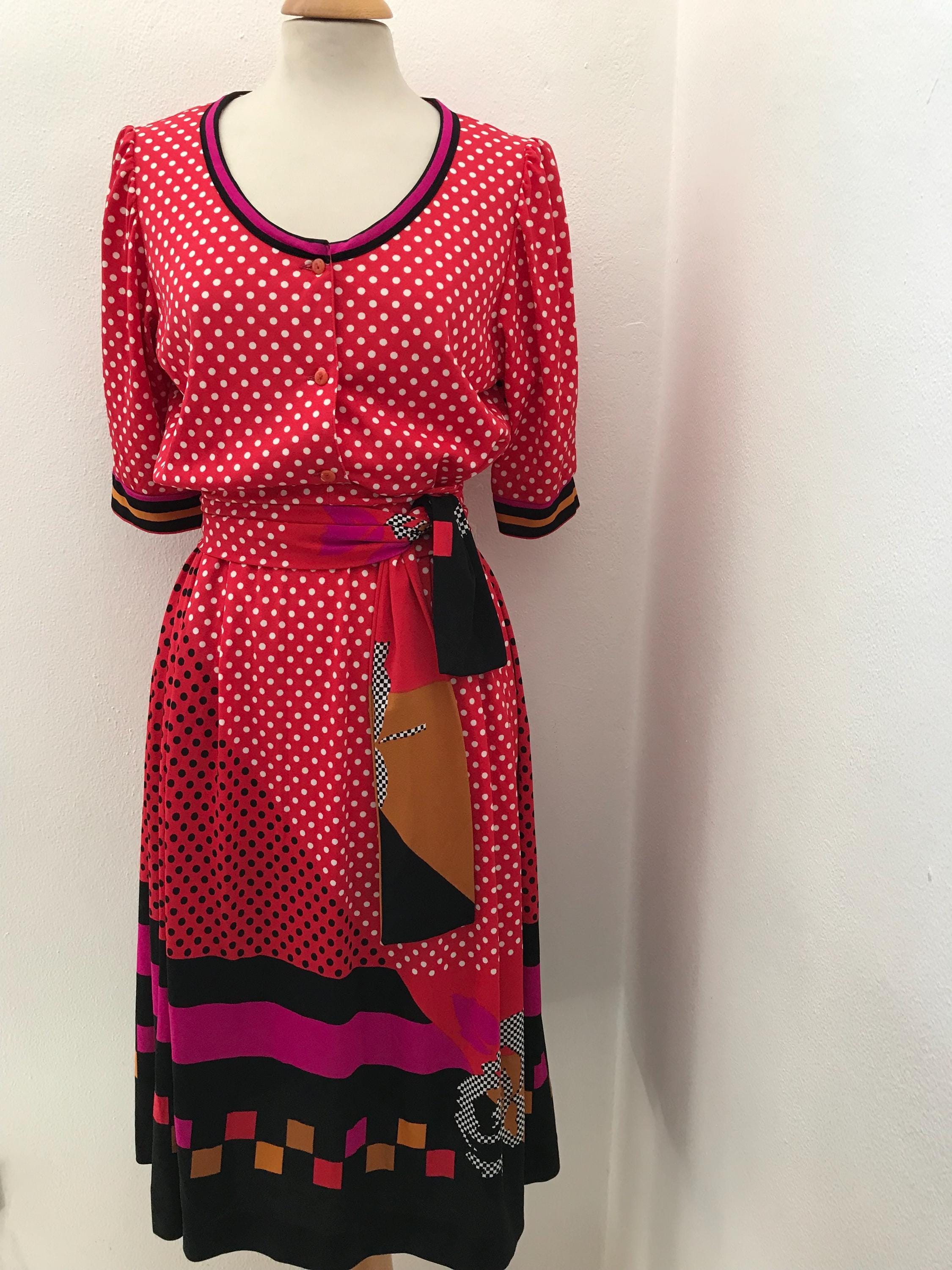 Vintage 70's 80's Disco Tea Dress / Abstract Optical Polka