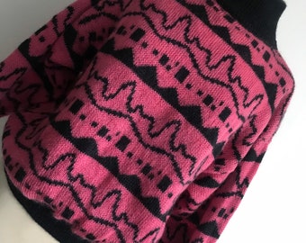Vintage 70's 80's Wool Knit Pull Jumper Sweater / Abstracto / Raspberry Pink Crush Black / Talla S - M / ¡VER VIDEO!